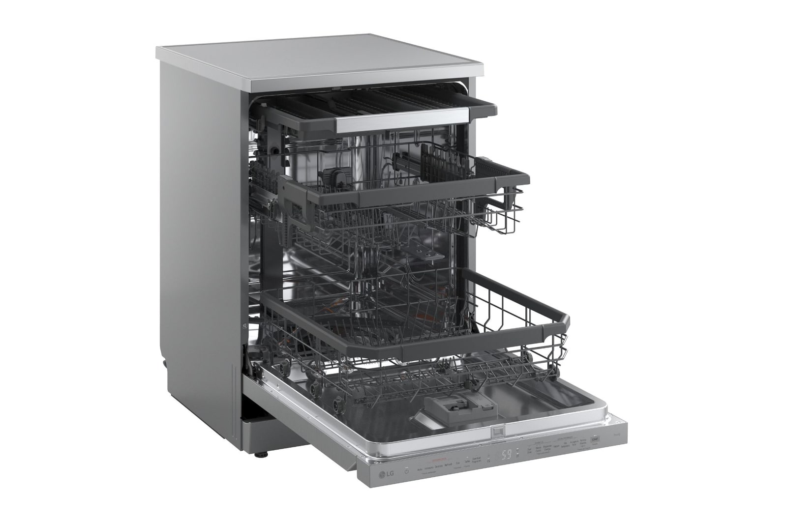 Foto lavastoviglie DF375HVS aperta con ripiani